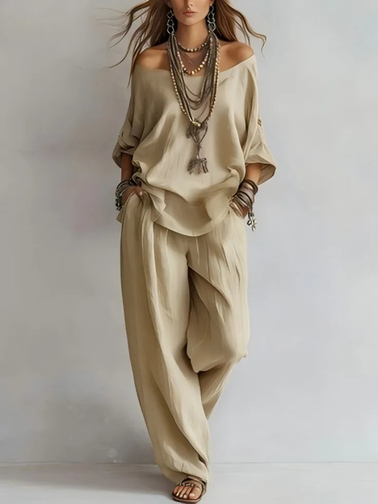Women's Off-Shoulder Top and Wide Leg Pants Set