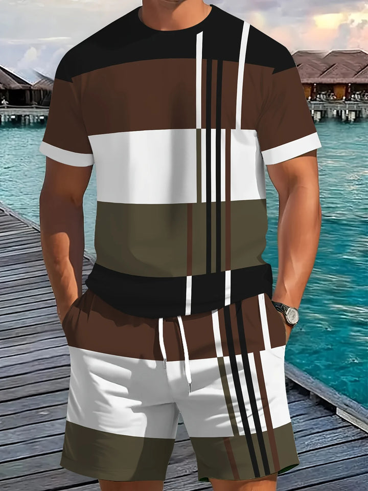 Men's Casual Two-Piece Set Striped Print Short-Sleeve Shirt and Athletic Shorts Set Men's Fitness Set