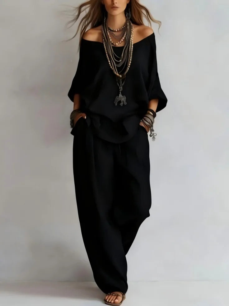 Women's Off-Shoulder Top and Wide Leg Pants Set
