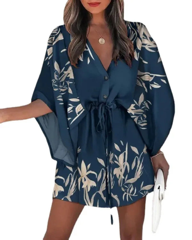 Women's Floral Print Batwing Sleeve Mini Dress, V-Neck, Adjustable Waist Tie