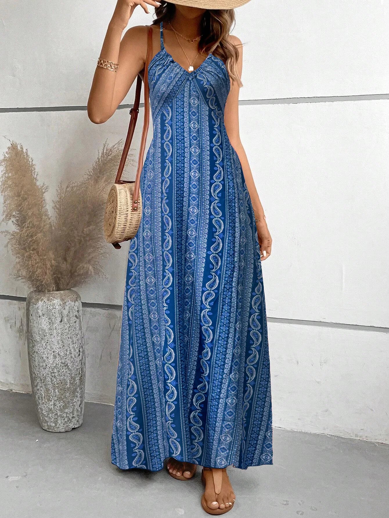 Women's Boho Print Maxi Dress with Spaghetti Straps