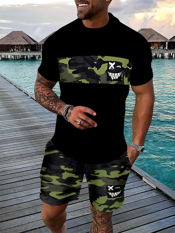 Men's Casual Two-Piece Set Striped Print Short-Sleeve Shirt and Athletic Shorts Set Men's Fitness Set