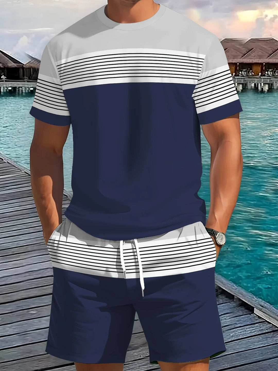 Men's Casual Two-Piece Set Striped Print Short-Sleeve Shirt and Athletic Shorts Set Men's Fitness Set