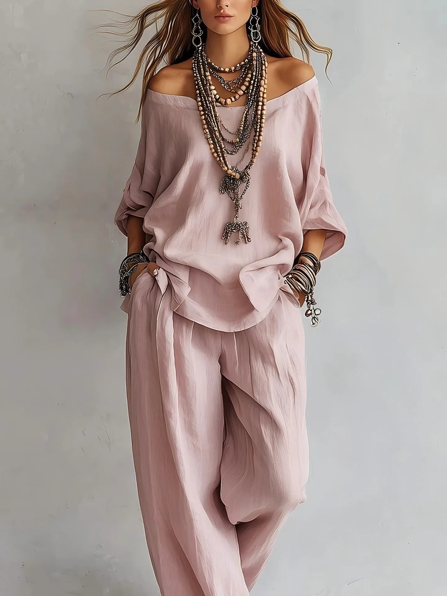 Women's Off-Shoulder Top and Wide Leg Pants Set