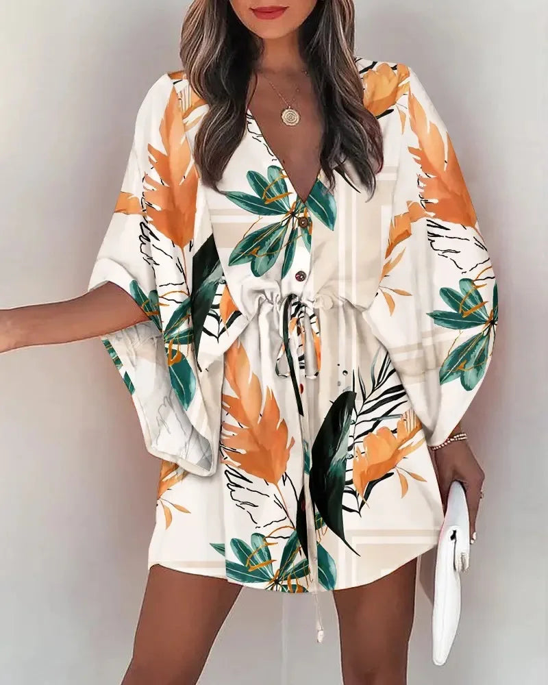 Women's Floral Print Batwing Sleeve Mini Dress, V-Neck, Adjustable Waist Tie