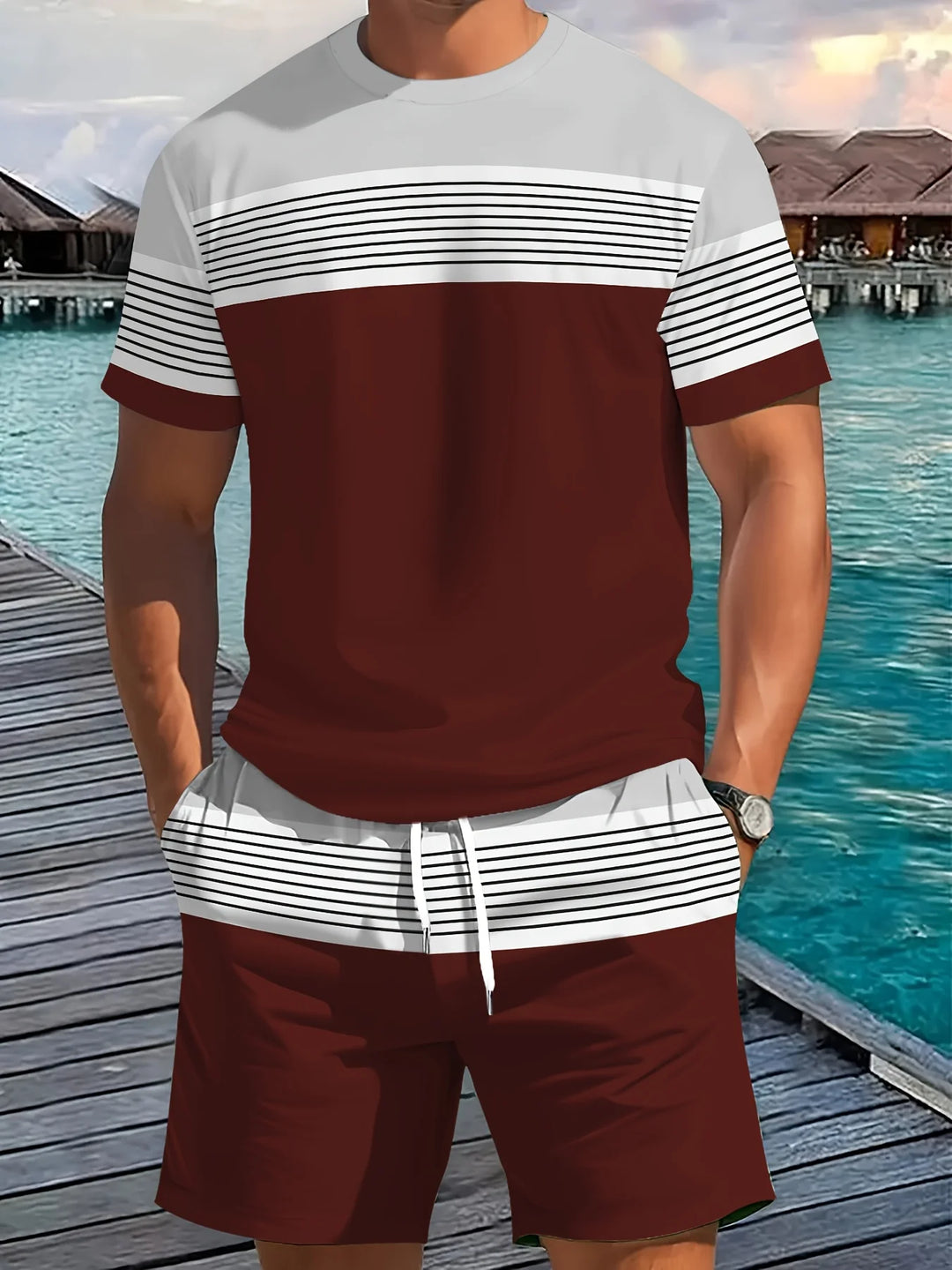 Men's Casual Two-Piece Set Striped Print Short-Sleeve Shirt and Athletic Shorts Set Men's Fitness Set