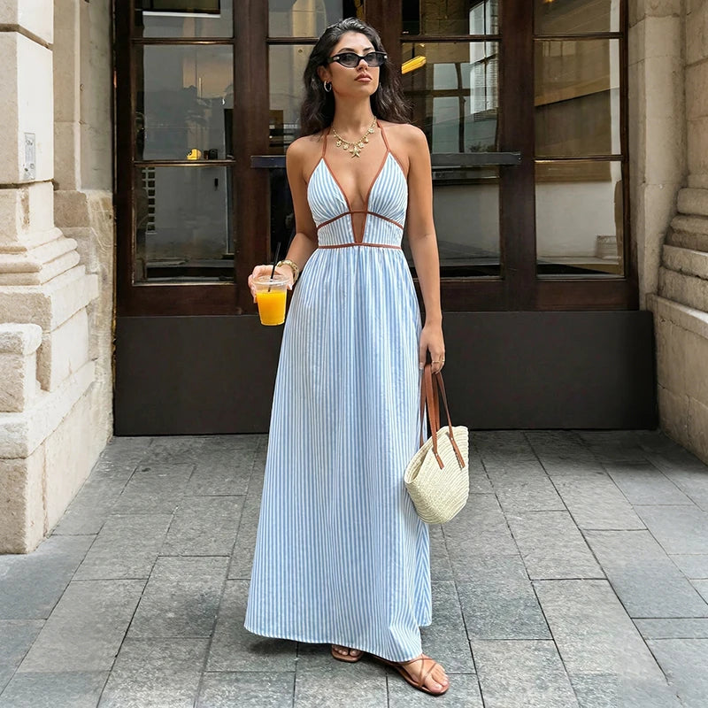 Women's Striped Deep V-Neck Backless Maxi Beach Dress