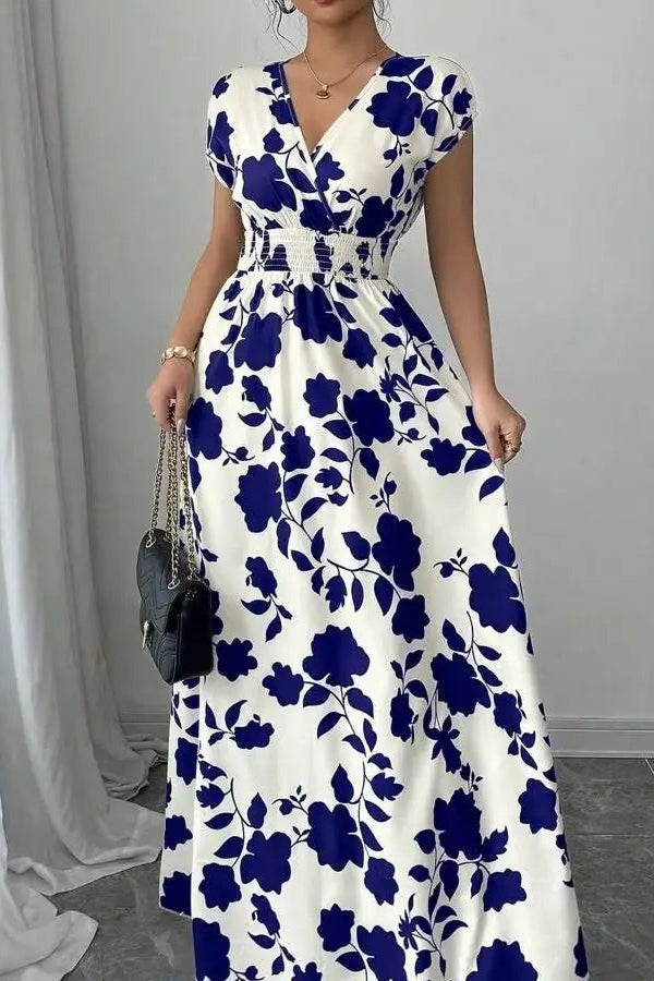 Women's Floral V-Neck Waist-Defined Maxi Dress