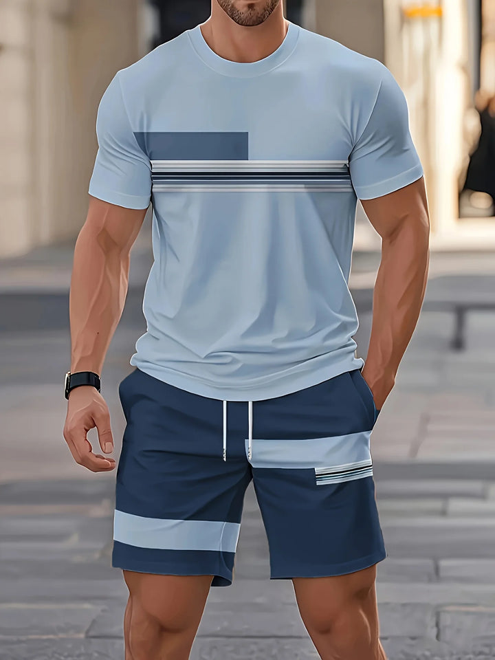 Men's Casual Two-Piece Set Striped Print Short-Sleeve Shirt and Athletic Shorts Set Men's Fitness Set