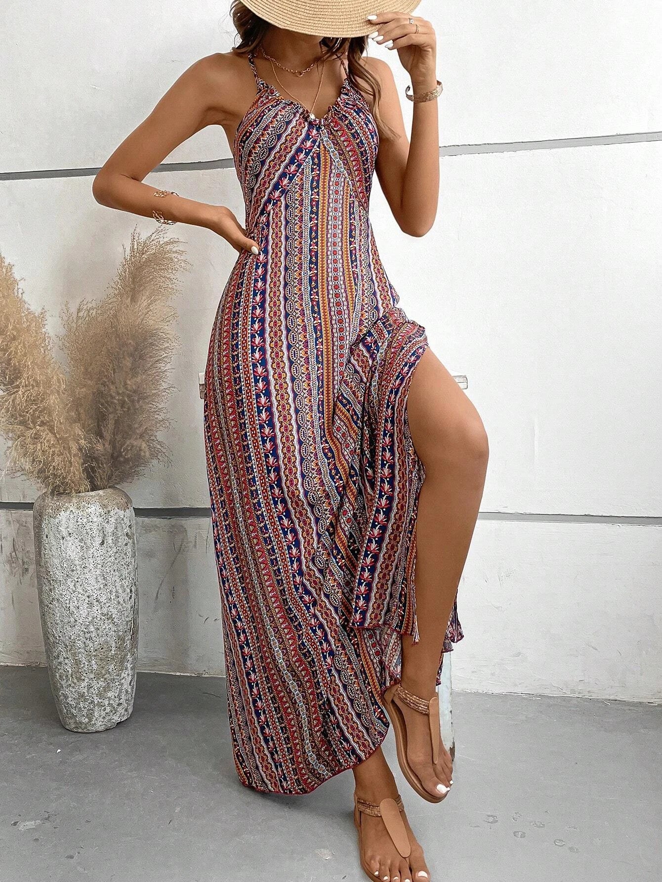Women's Boho Print Maxi Dress with Spaghetti Straps