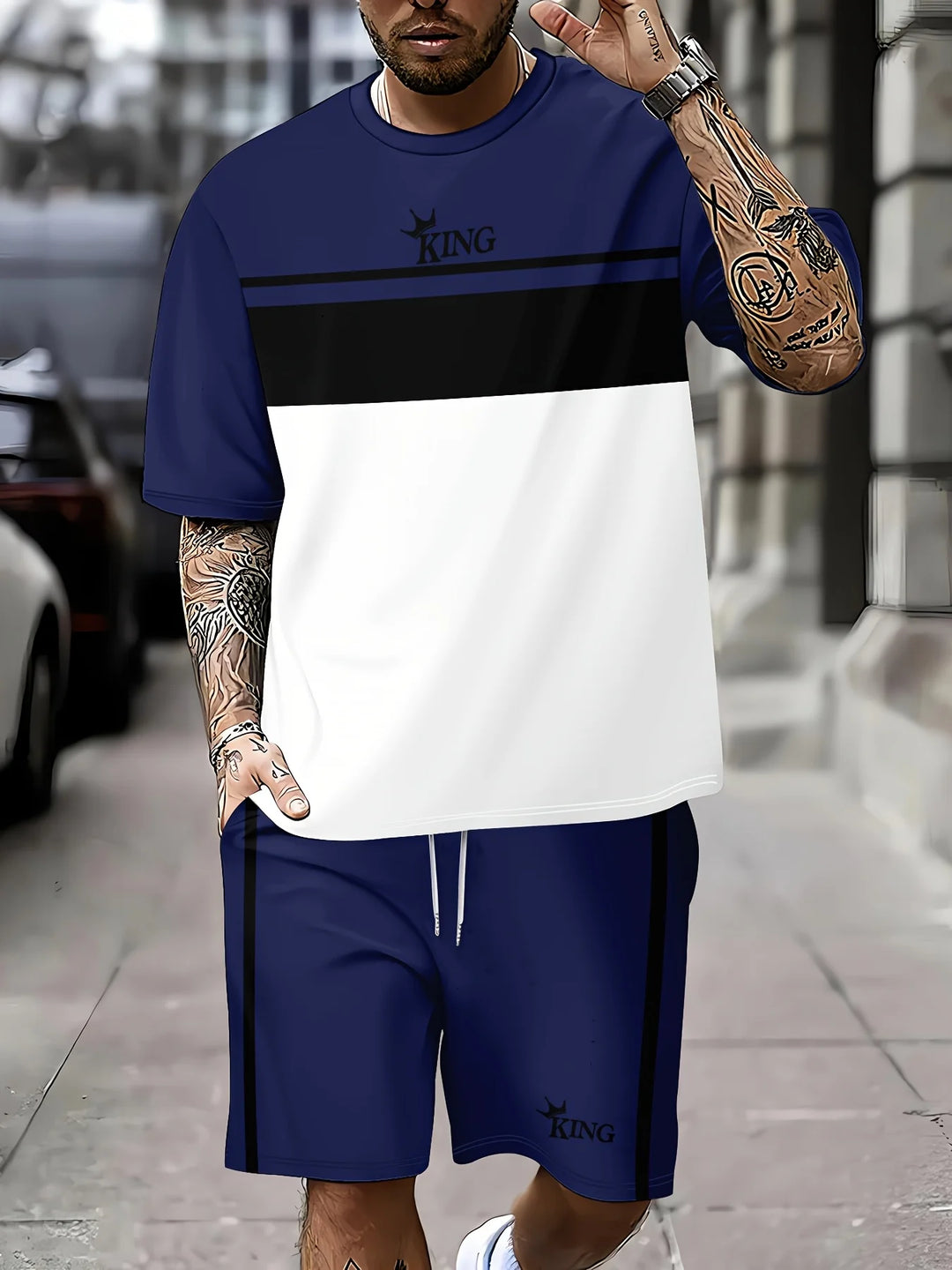 Men's Casual Two-Piece Set Striped Print Short-Sleeve Shirt and Athletic Shorts Set Men's Fitness Set