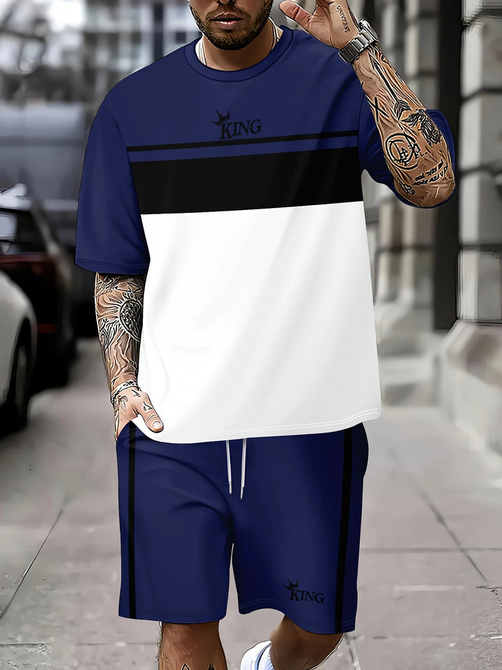 Men's Casual Two-Piece Set Striped Print Short-Sleeve Shirt and Athletic Shorts Set Men's Fitness Set