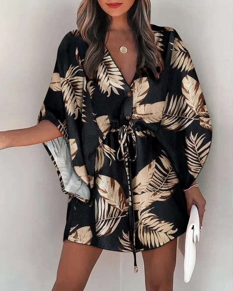 Women's Floral Print Batwing Sleeve Mini Dress, V-Neck, Adjustable Waist Tie