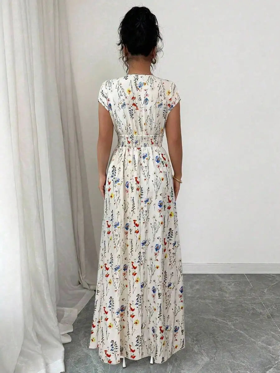 Women's Floral V-Neck Waist-Defined Maxi Dress