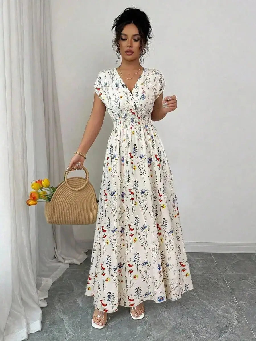 Women's Floral V-Neck Waist-Defined Maxi Dress