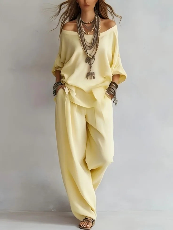 Women's Off-Shoulder Top and Wide Leg Pants Set