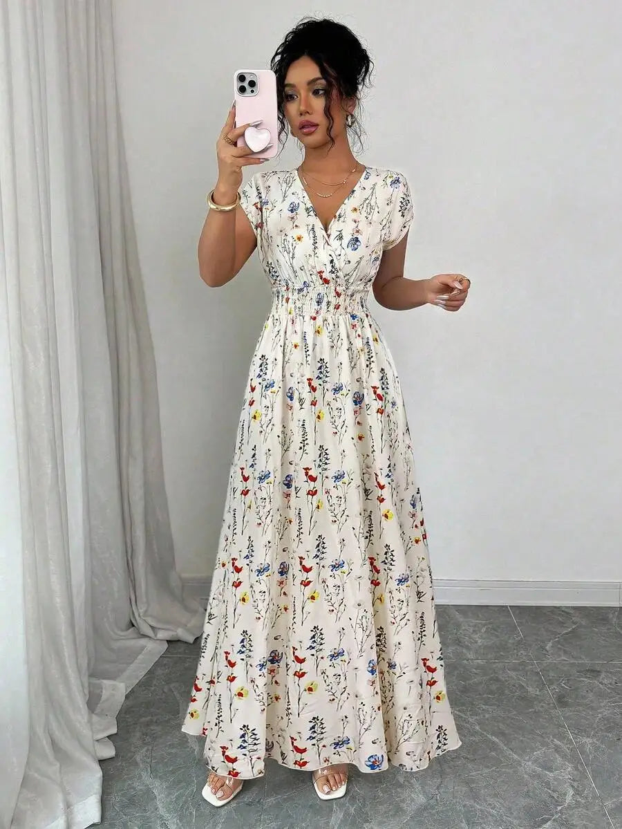 Women's Floral V-Neck Waist-Defined Maxi Dress