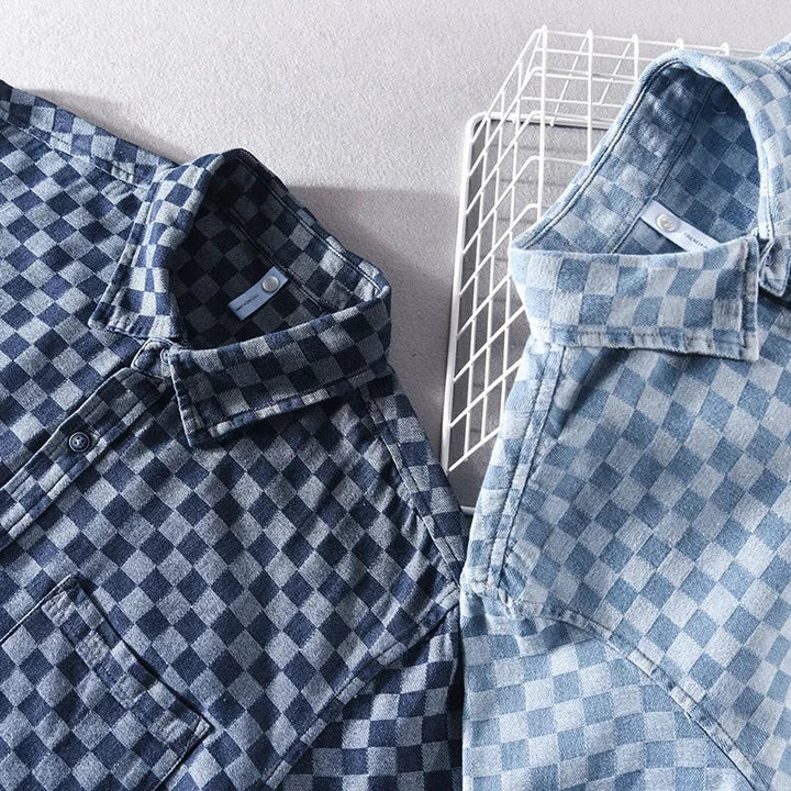 Checkered Short Sleeve Denim Button-Up Shirt