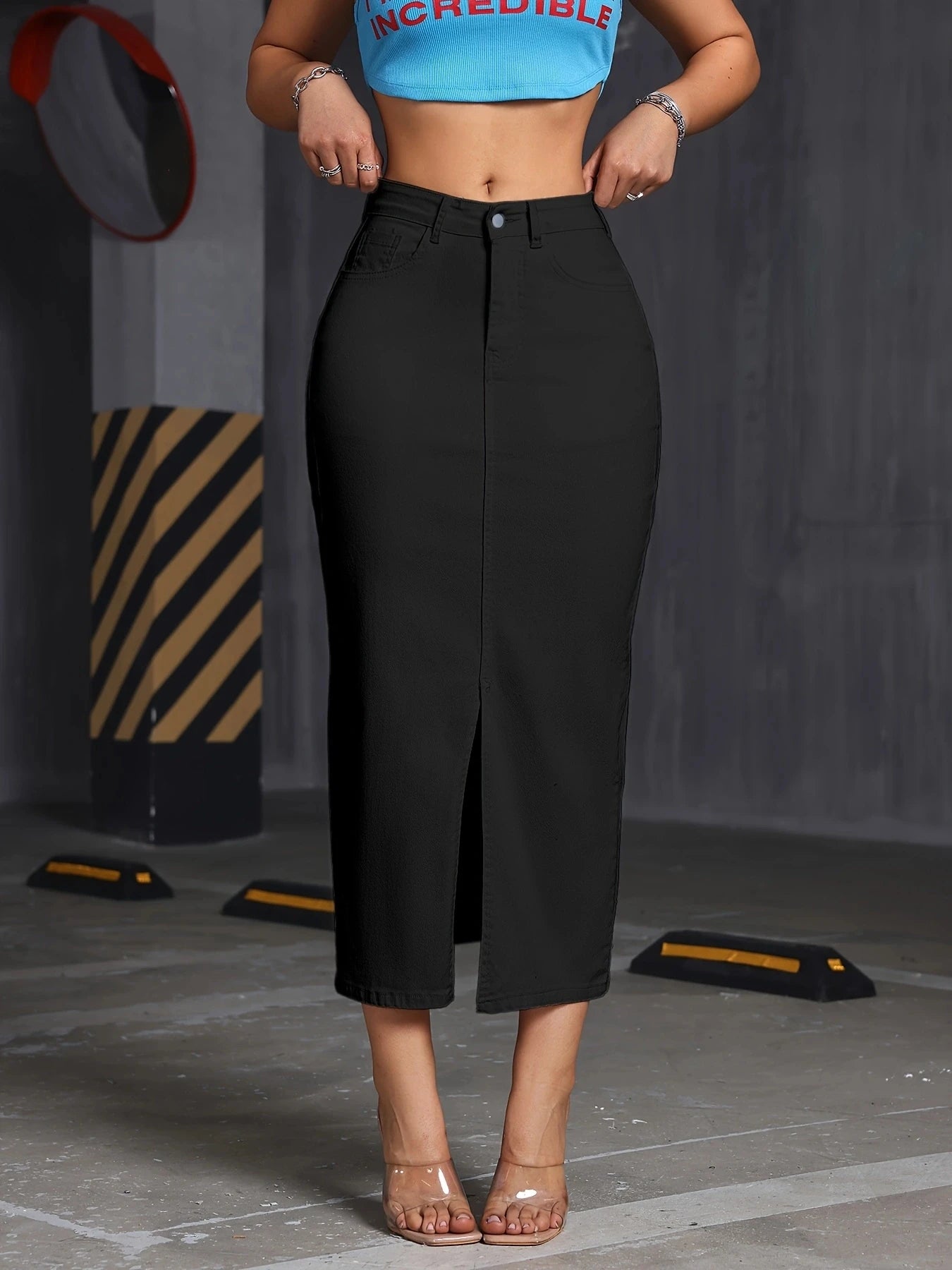 New Women's A-Line Skirt with Slit Mid-Length Simple Style Half Skirt for Ladies