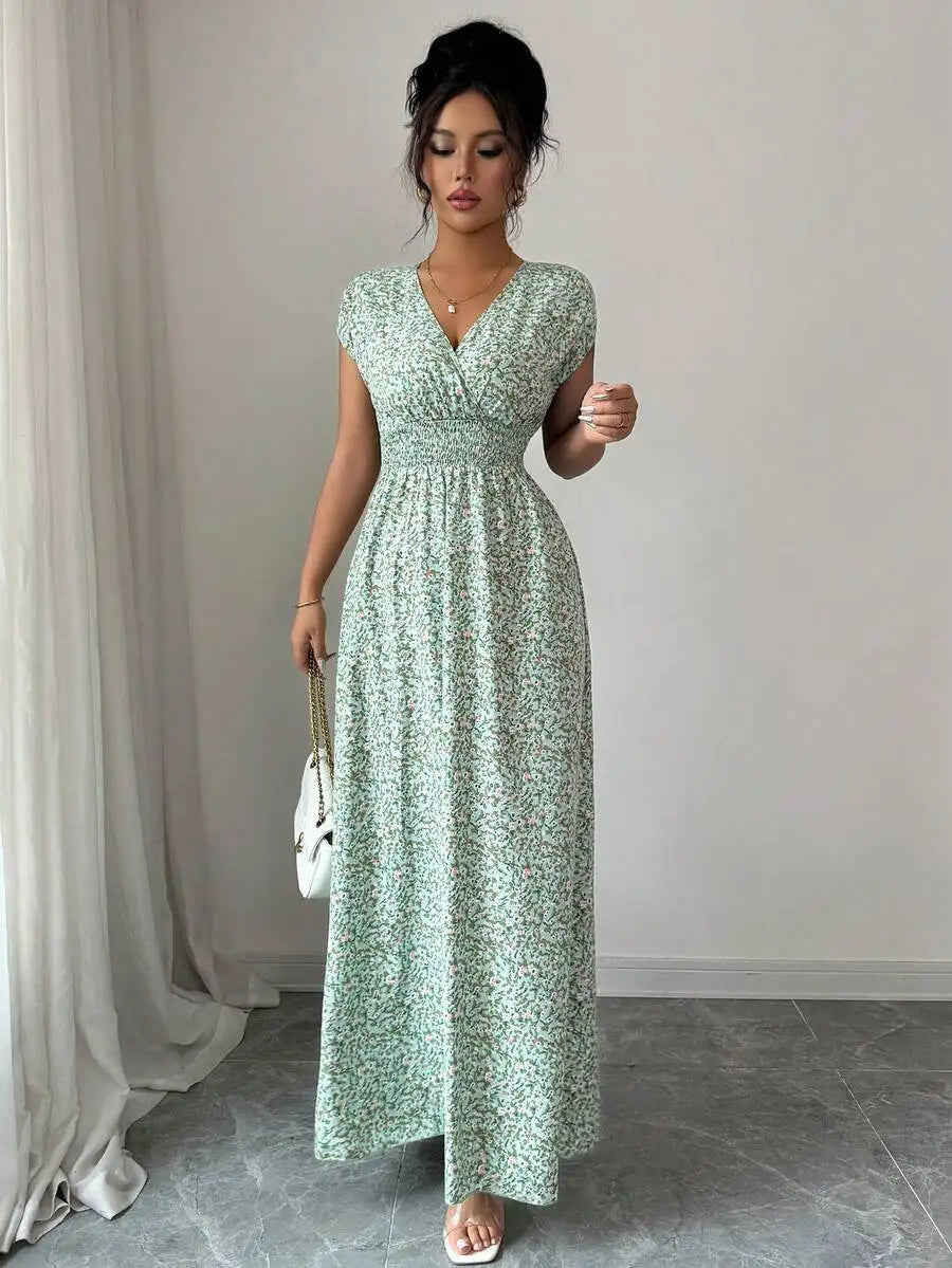 Women's Floral V-Neck Waist-Defined Maxi Dress