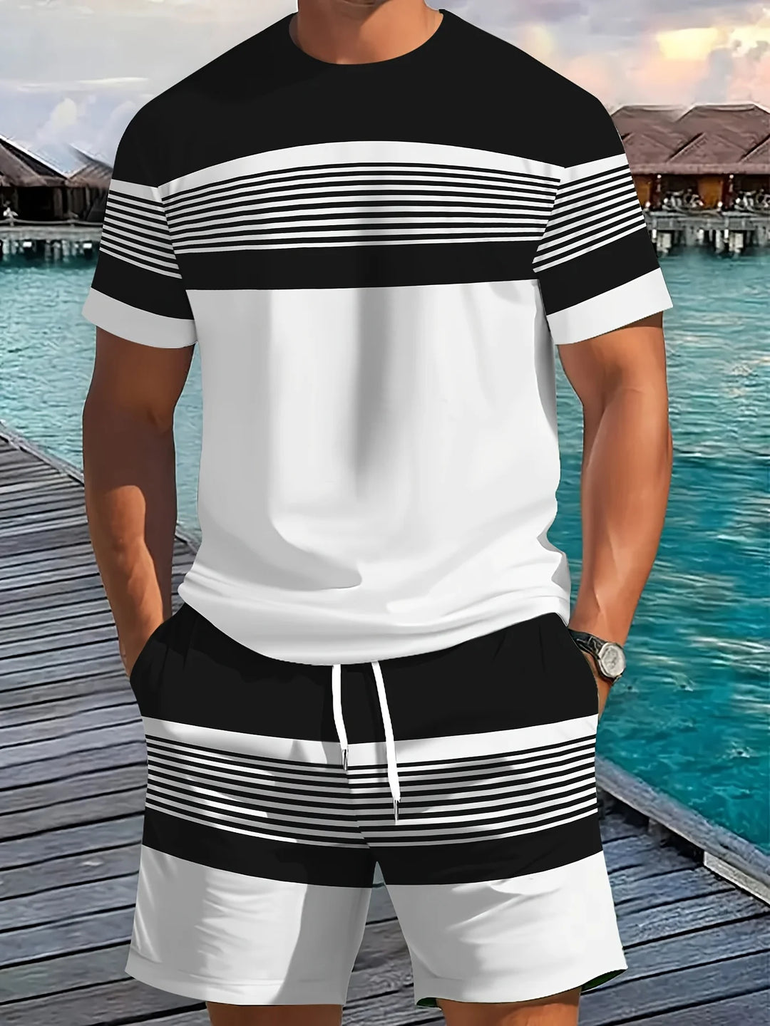 Men's Casual Two-Piece Set Striped Print Short-Sleeve Shirt and Athletic Shorts Set Men's Fitness Set