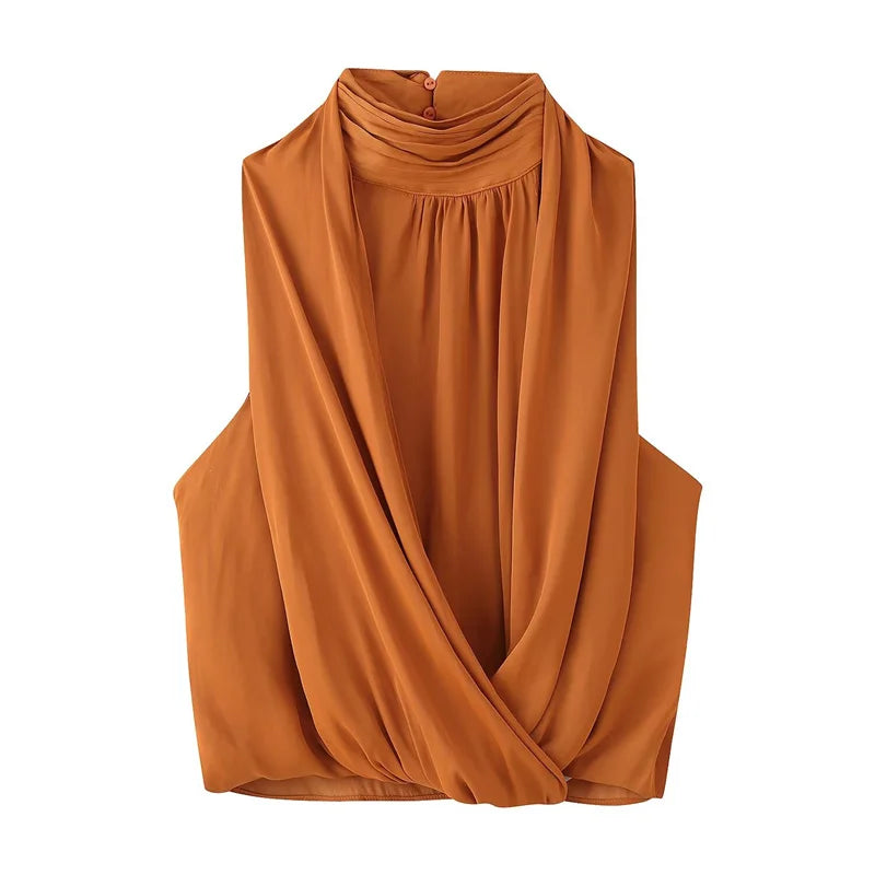 Women's Pleated Satin Halter Neck Sleeveless Top