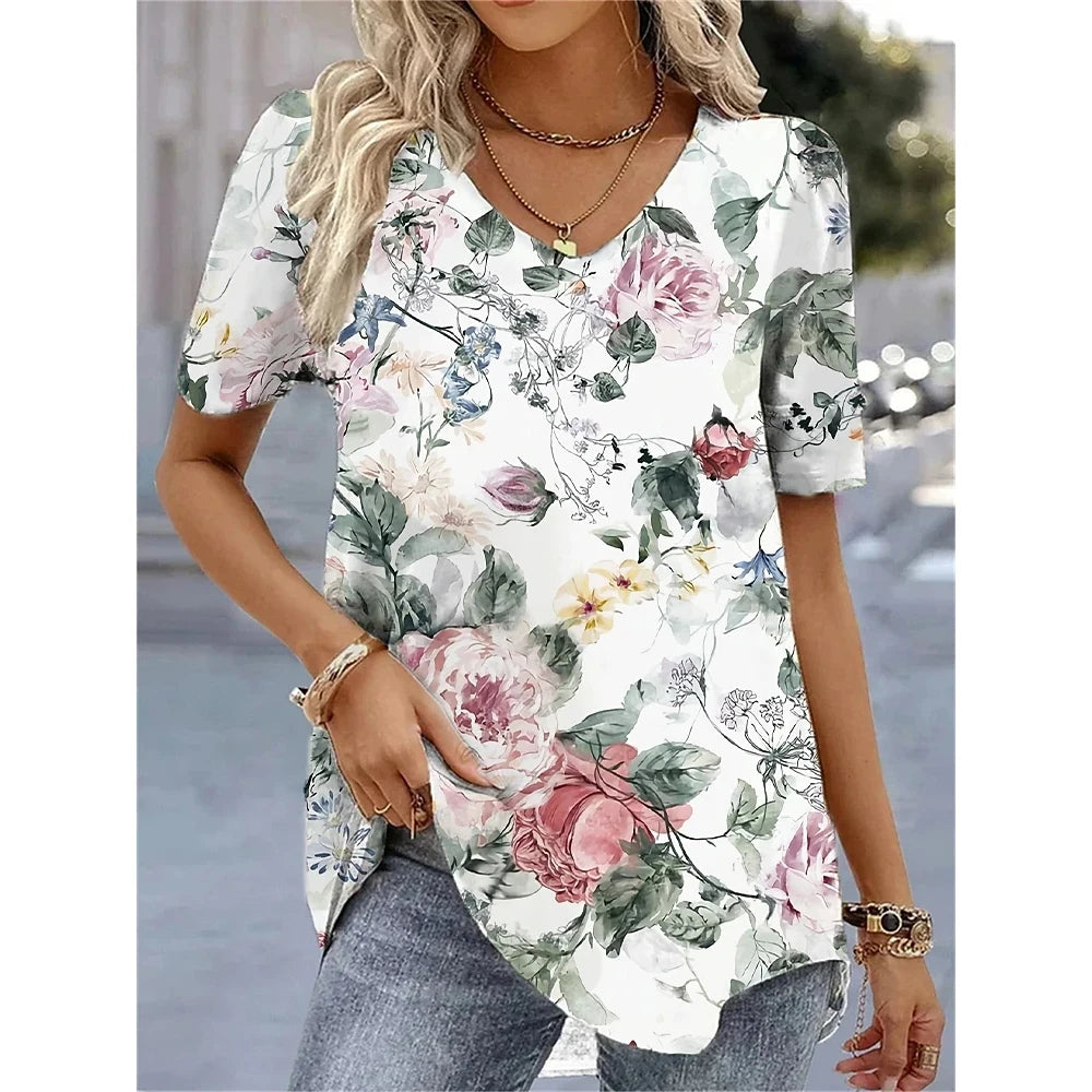Women's Floral V-Neck Relaxed Fit Everyday Blouse