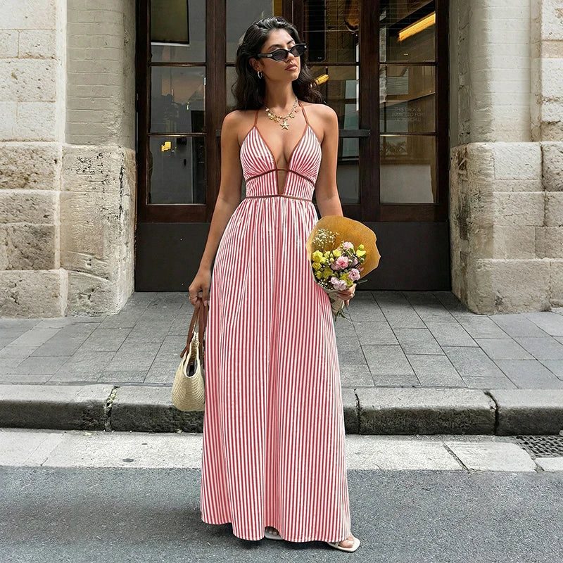 Women's Striped Deep V-Neck Backless Maxi Beach Dress