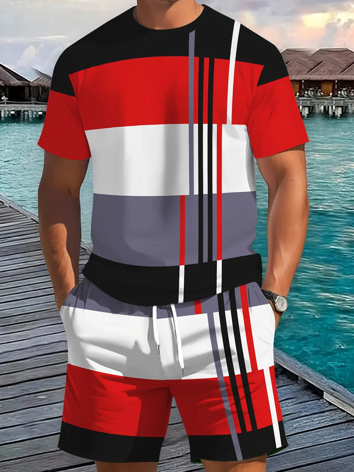 Men's Casual Two-Piece Set Striped Print Short-Sleeve Shirt and Athletic Shorts Set Men's Fitness Set