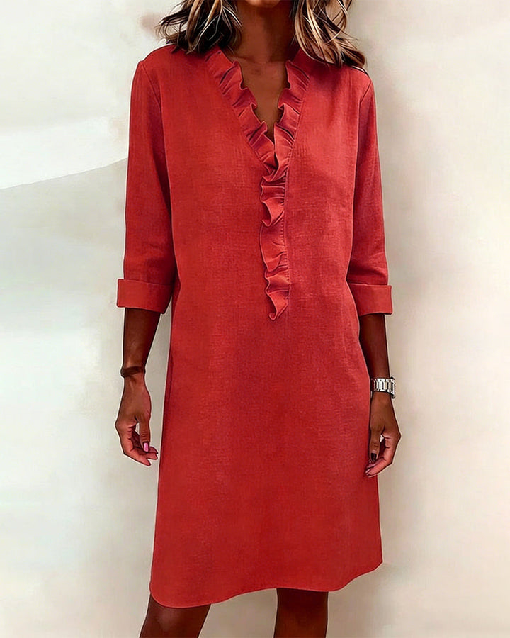 Solid Color Ruched V-Neck Dress