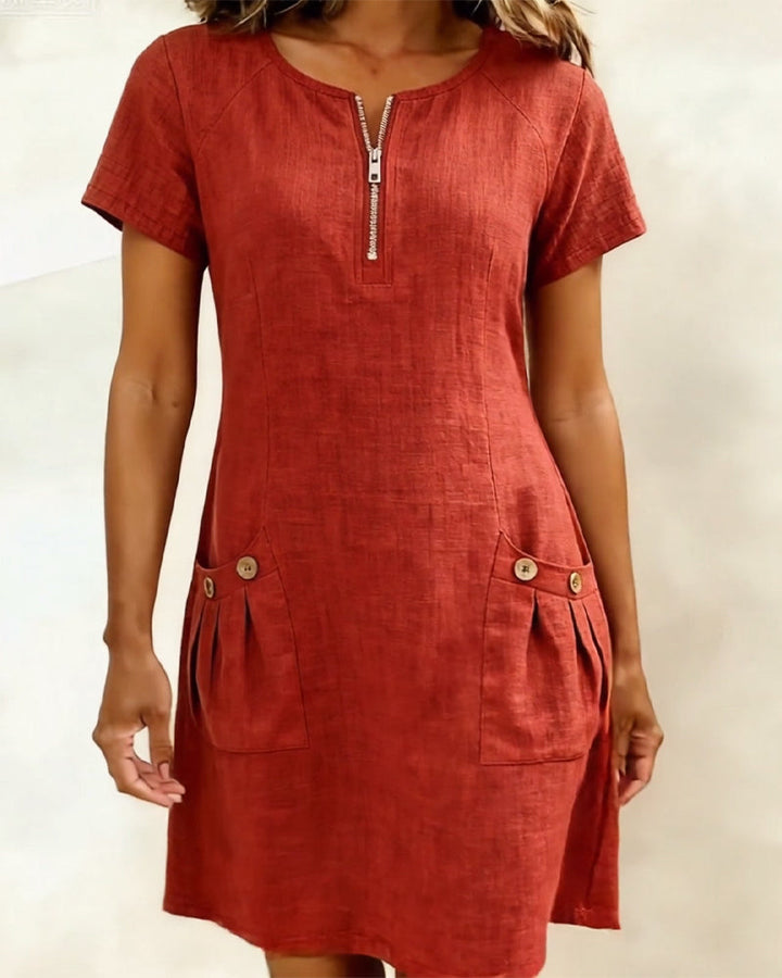 Cotton Linen Dress with Zipper and Pockets