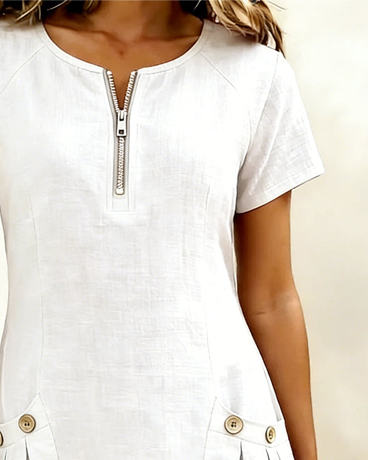 Cotton Linen Dress with Zipper and Pockets