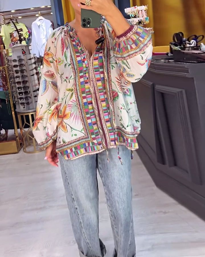 Elegant V-Neck Printed Blouse