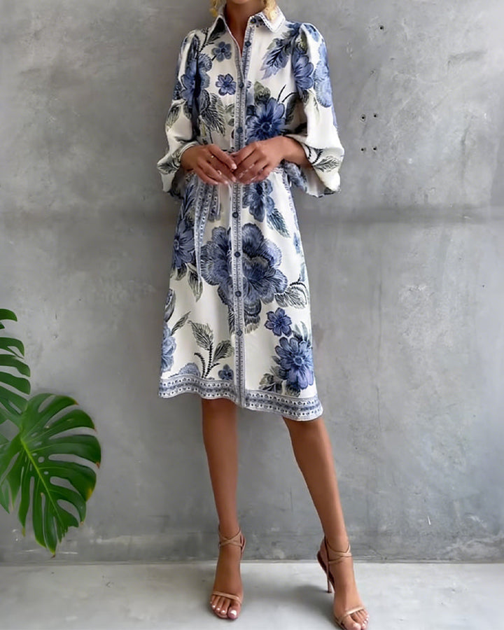 French Style Printed Dress with Lantern Sleeves
