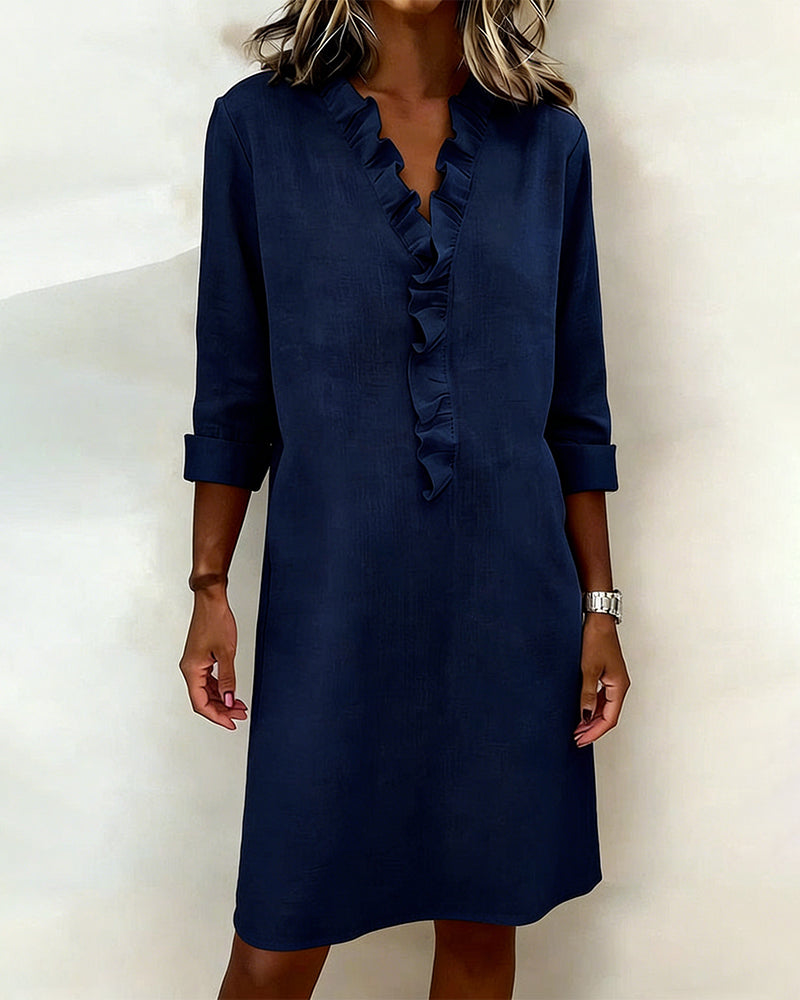 Solid Color Ruched V-Neck Dress