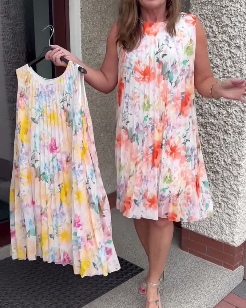 Sleeveless Pleated Floral Dress