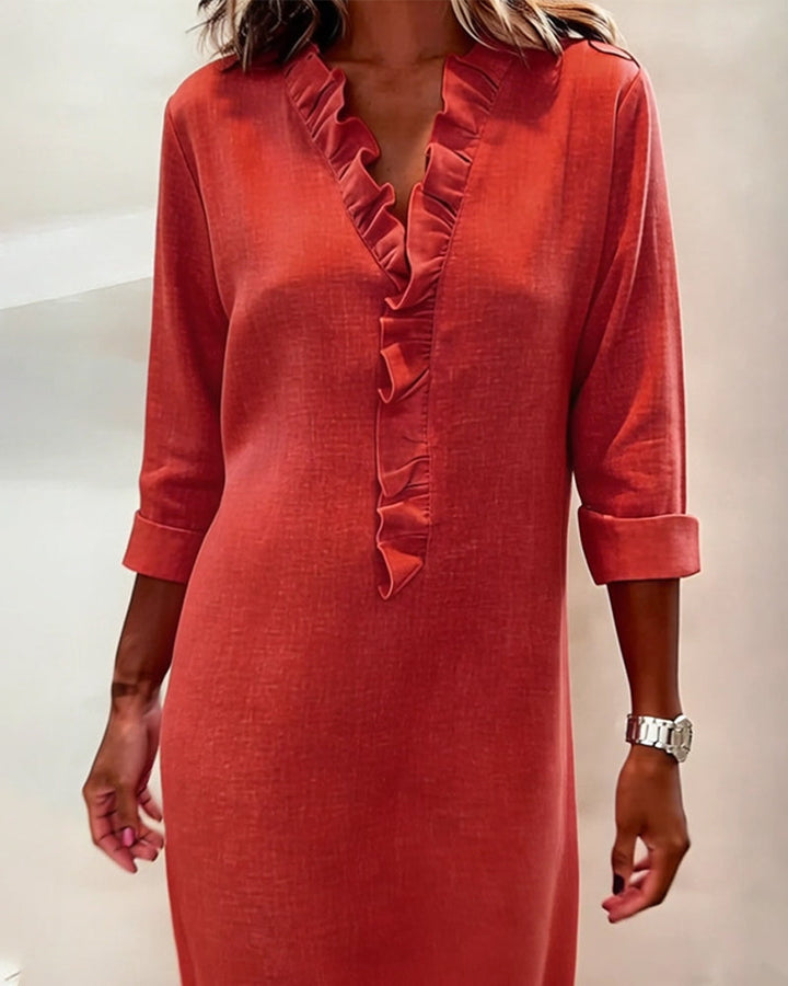 Solid Color Ruched V-Neck Dress