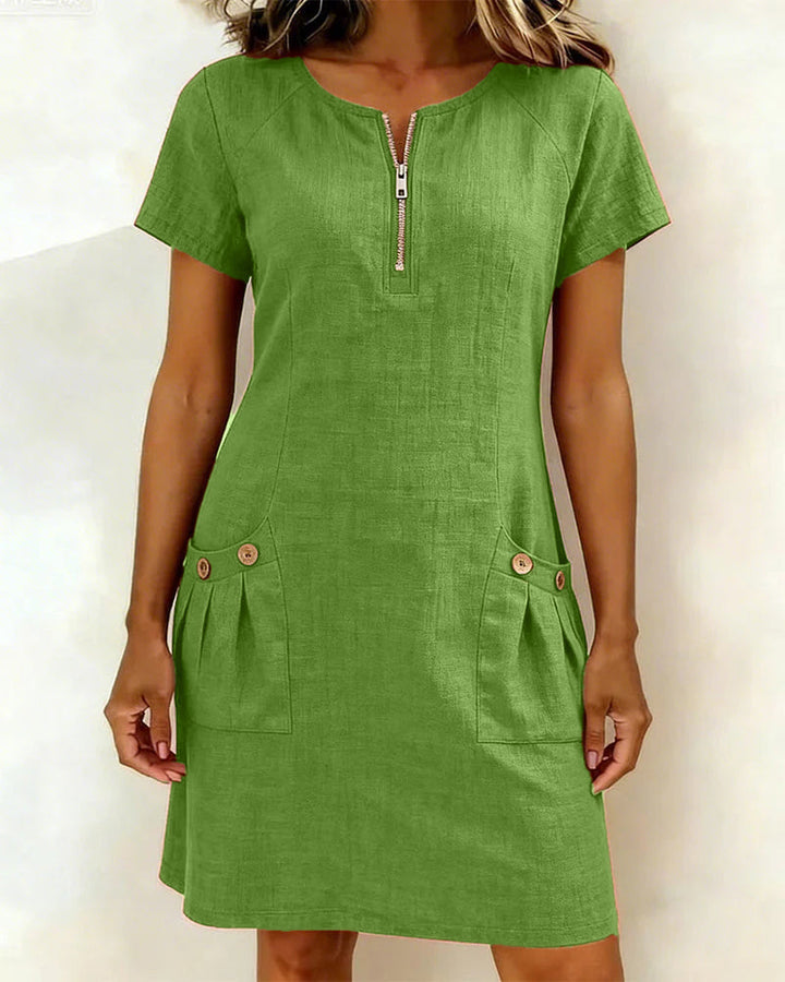 Cotton Linen Dress with Zipper and Pockets