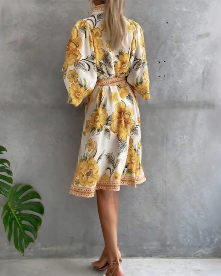 French Style Printed Dress with Lantern Sleeves
