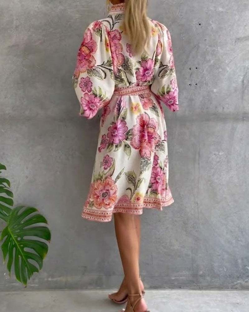 French Style Printed Dress with Lantern Sleeves