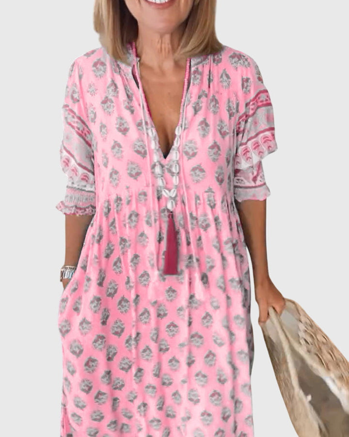Brigid | Elegant V-Neck Printed Dress
