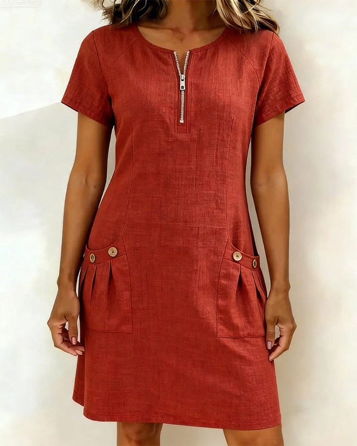 Cotton Linen Dress with Zipper and Pockets