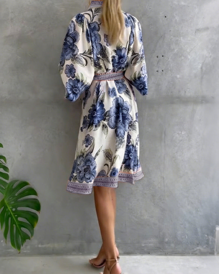 French Style Printed Dress with Lantern Sleeves
