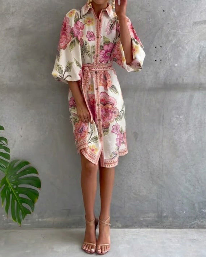 French Style Printed Dress with Lantern Sleeves