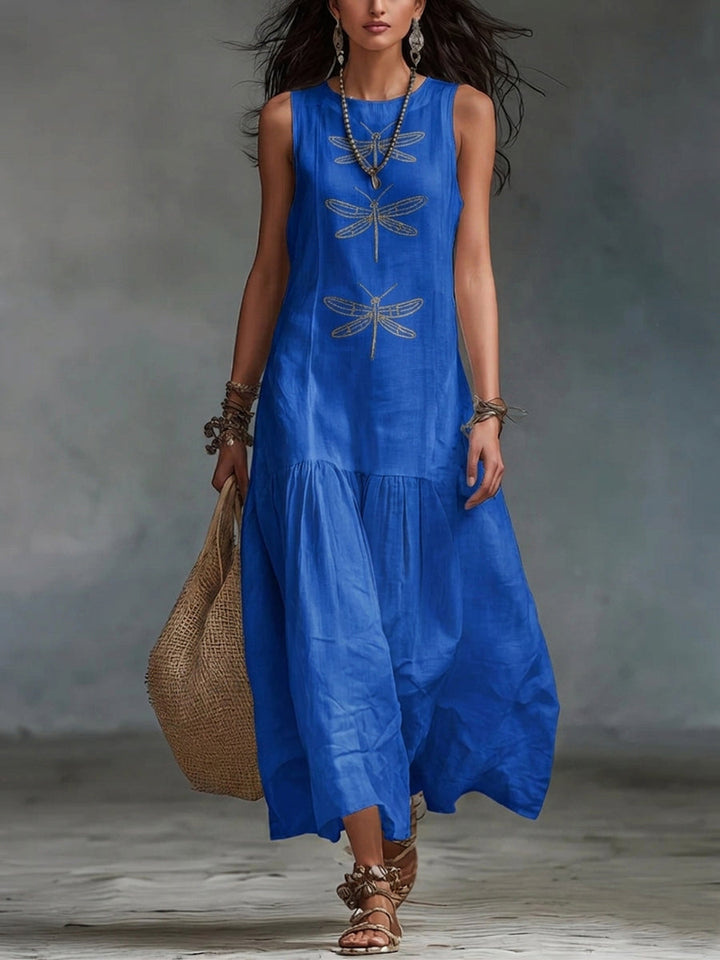 Long cotton and linen dress with dragonfly print in retro boho style