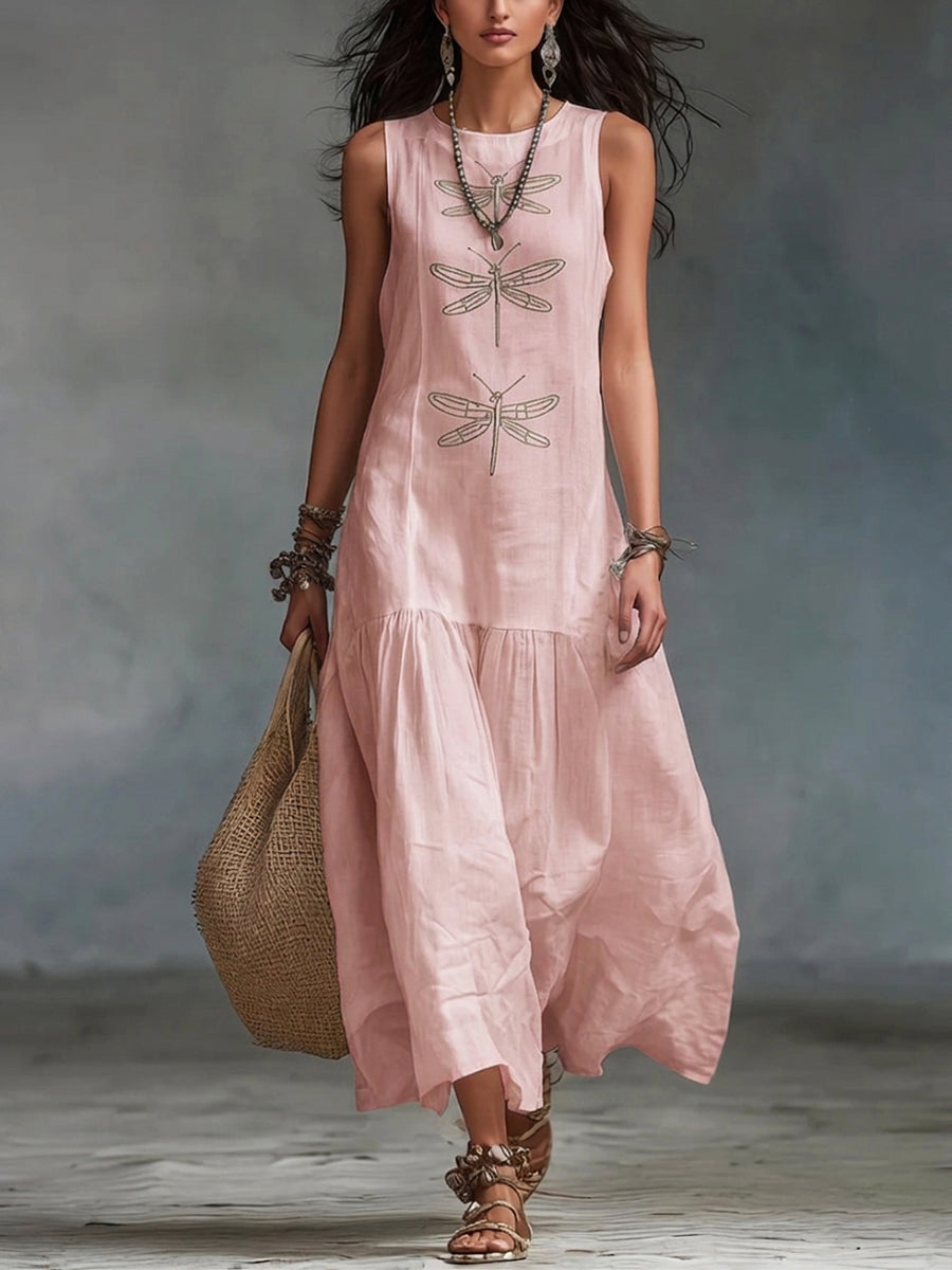 Long cotton and linen dress with dragonfly print in retro boho style
