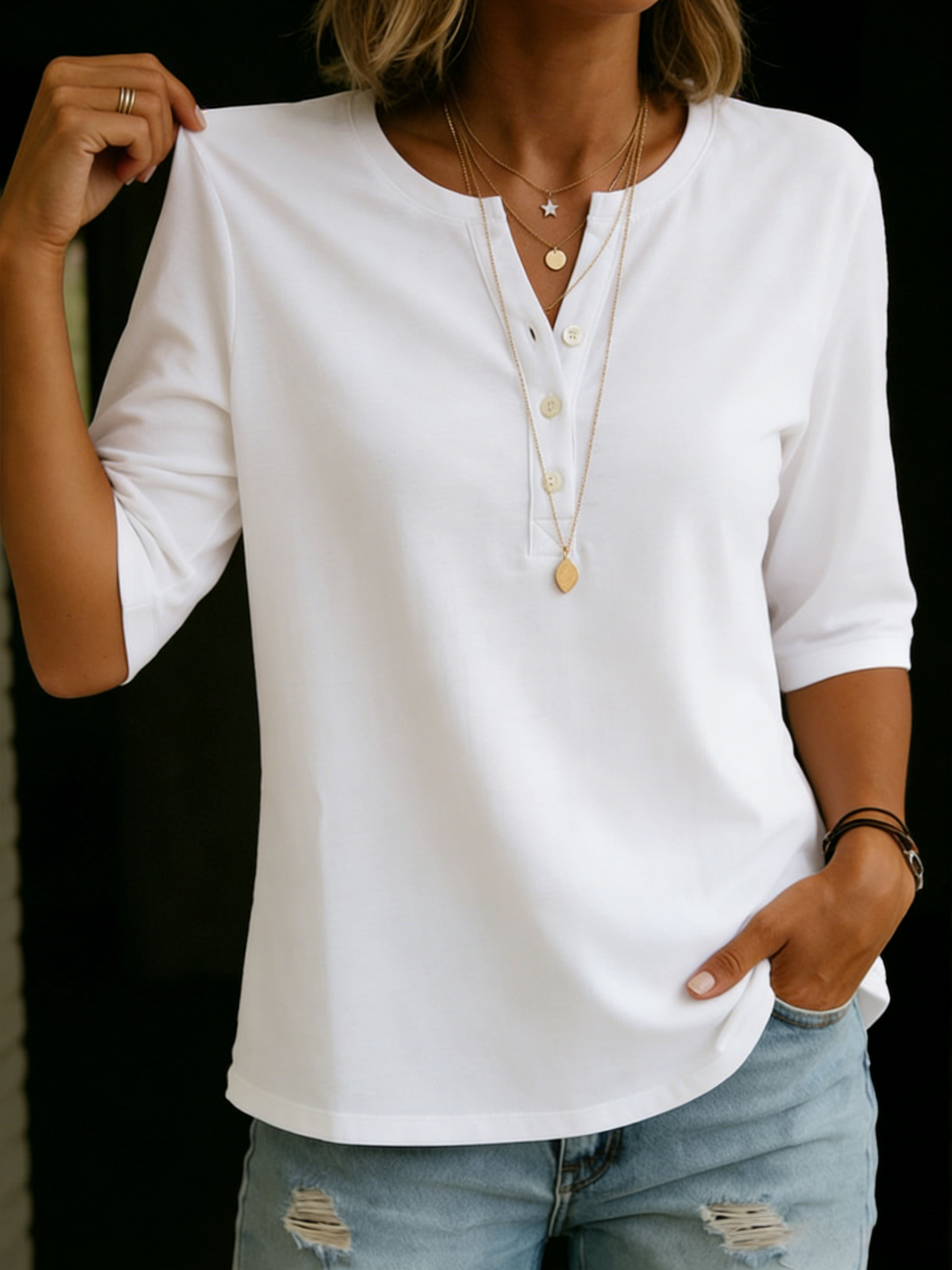 Classic Cotton Henley Collar T-Shirt
