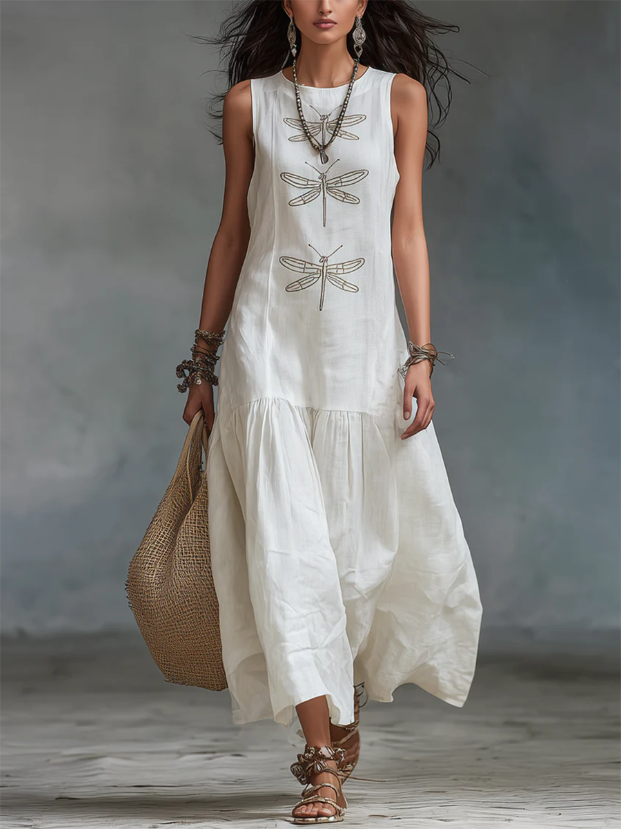 Long cotton and linen dress with dragonfly print in retro boho style