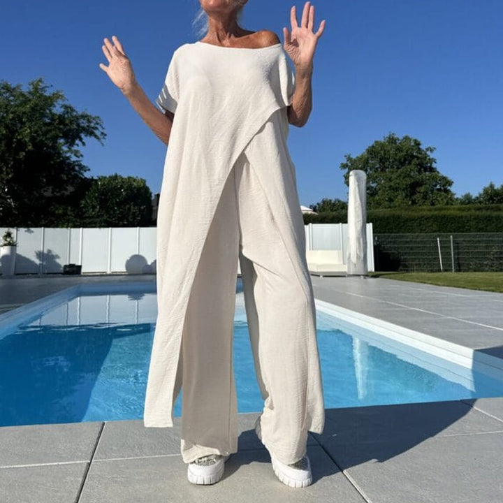 Top and trousers in solid color with off-the-shoulder design