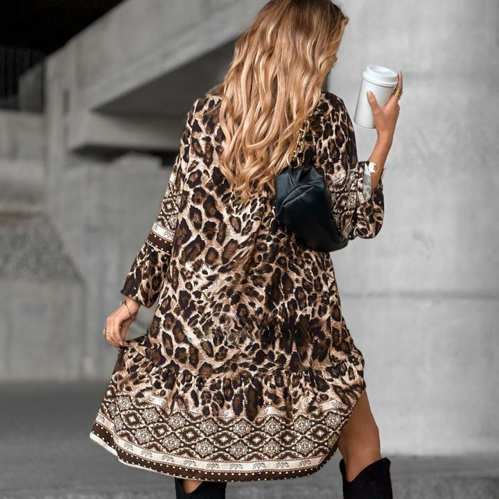 Elegant Printed V-Neck Long Sleeve Dress